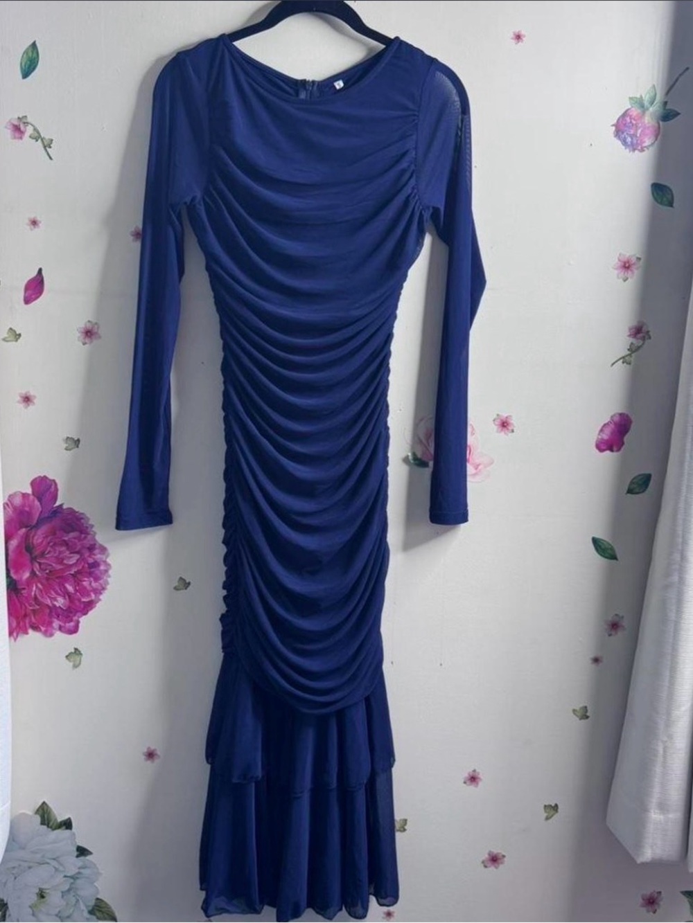 Source Unknown Deep Blue Long Sleeve Ruched Maxi Dress
